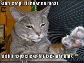 Stop, stop, I'll heer no moar  pitiful hayscuses for lack of noms
