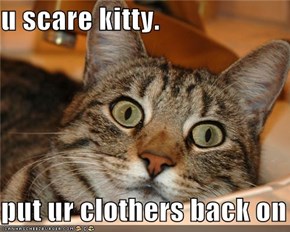 u scare kitty.  put ur clothers back on