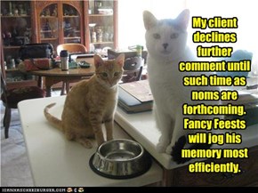 My client declines further comment until such time as  noms are forthcoming. Fancy Feests will jog his memory most efficiently.