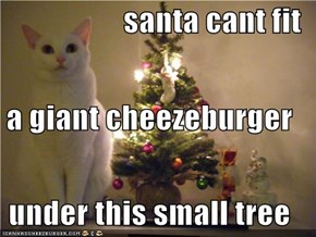 santa cant fit a giant cheezeburger  under this small tree