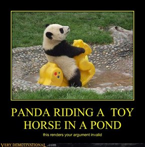 PANDA RIDING A  TOY HORSE IN A POND