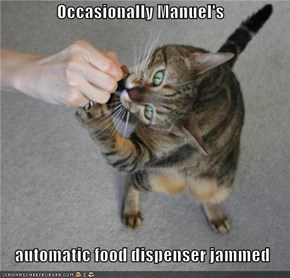 Occasionally Manuel's    automatic food dispenser jammed
