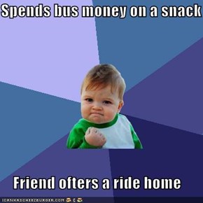 Spends bus money on a snack  Friend ofters a ride home