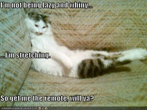 I'm not being lazy and whiny... ...I'm stretching. So get me the remote, will ya?