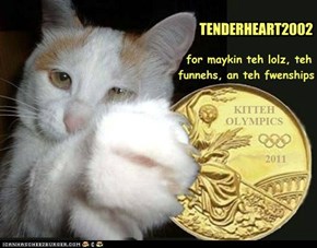 Teh Inturnashinul Kitteh Olympics Kommitteh gibz rekug -- reekog -- um, dey sendz fanks an conga-rats to...
