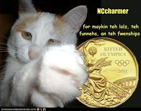 Teh Inturnashinul Kitteh Olympics Kommitteh gibz rekug -- reekog -- um, dey sendz fanks an conga-rats to...