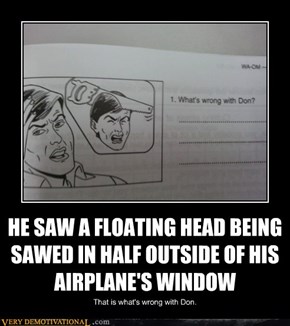 HE SAW A FLOATING HEAD BEING SAWED IN HALF OUTSIDE OF HIS AIRPLANE'S WINDOW