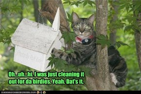 Oh...uh...hi. I was just cleaning it out for da birdies. Yeah. Dat's it.