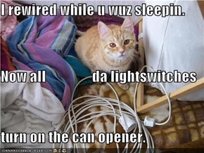 I rewired while u wuz sleepin. Now all                da lightswitches turn on the can opener.