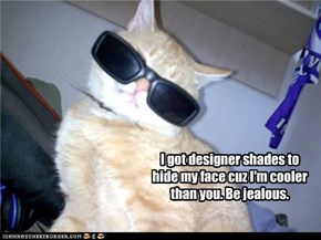 I got designer shades to hide my face cuz I'm cooler than you. Be jealous.