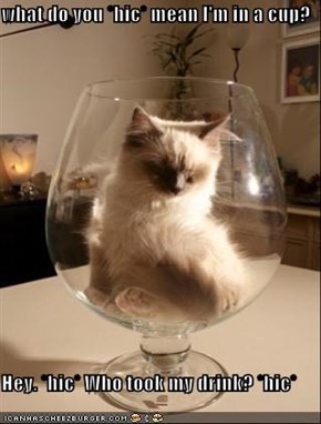 what do you *hic* mean I'm in a cup?  Hey. *hic* Who took my drink? *hic*