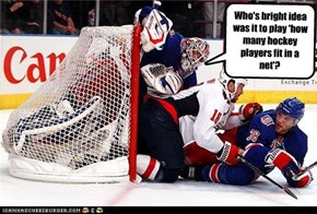 Who's bright idea was it to play 'how many hockey players fit in a net'?