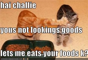 hai challie  yous not lookings goods lets me eats your foods k?