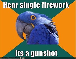 Hear single firework  Its a gunshot