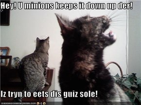 Hey! U minions keeps it down up der!  Iz tryn to eets dis guiz sole!