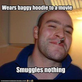 Wears baggy hoodie to a movie