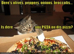 Dere's olives, peppers, onions, broccolis...  Is dere                            any PIZZA on dis pizza?