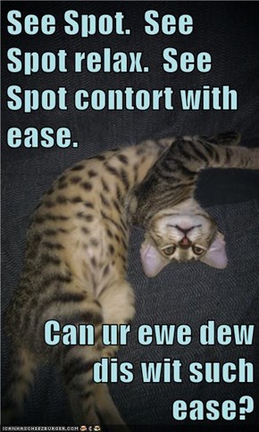 See Spot.  See Spot relax.  See Spot contort with ease.  Can ur ewe dew dis wit such ease?