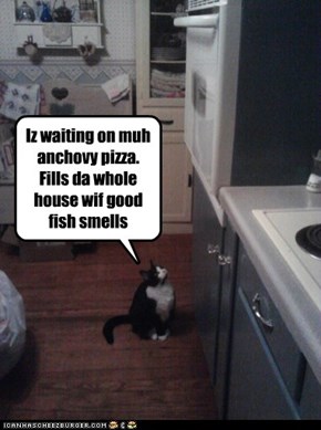Iz waiting on muh anchovy pizza. Fills da whole house wif good fish smells