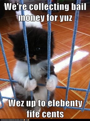 We're collecting bail money for yuz  Wez up to elebenty fife cents