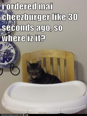 i ordered mai cheezburger like 30 seconds ago, so where iz it?