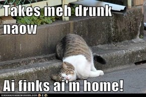 Takes meh drunk naow  Ai finks ai'm home!